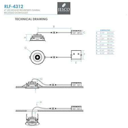 Jesco Downlight LED 4 Round Regressed Gimbal Recessed 12W 5CCT 90CRI BK RLF-4312-SW5-BK
